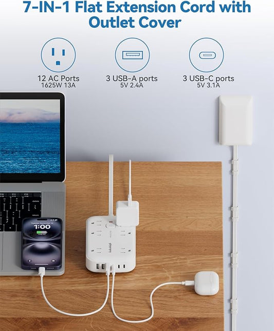 Flat Extension Cord with Outlet Cover & Multi USB- 5 FT, 1625W 3 Prong Extension Cord with 12AC Outlet 6 USB (24W/4.8A), Multi Ports Charging Station for Behind Wall Furniture Couch Sofa TV