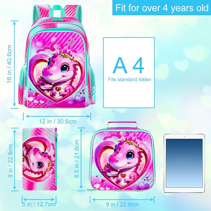 16" Dinosaur Backpack for Girls, 3Pcs School Bookbag with Lunch Box, Kids Backpacks Set for Elementary Preschool Kindergarten(Pink)