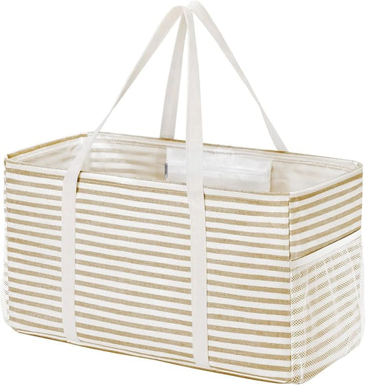 Lifewit Extra Large Tote Bag, Reusable Grocery Bags with Metal Wire Frame and Handles, Standing Utility Foldable Shopping Bags for Storage, Picnics, Beach, Pool, Laundry, Car, Camping, 1 Pack, Beige