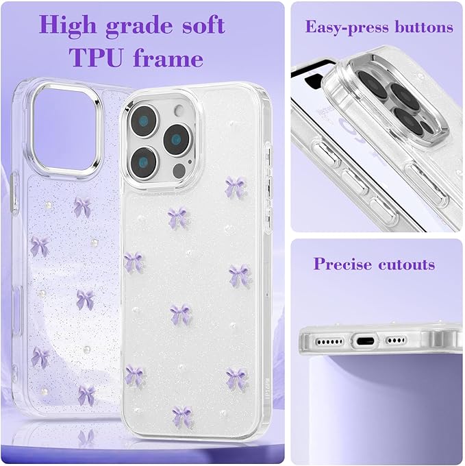 EYZUTAK Case for iPhone 16 Pro Max, Bling Glitter 3D Bowknot Phone Case Cute Sparkly Crystal Clear Bow Aesthetic Case Slim Soft Durable TPU Transparent Protective Cover for Women Girl-Purple Bow