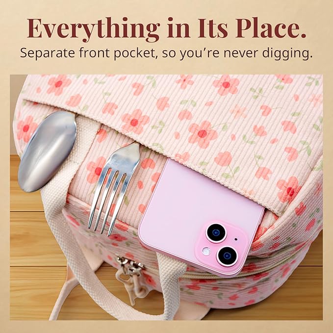 Insulated Pink Lunch Bag for Women, Stylish Corduroy Tote with Aluminum Lining, Large Capacity Reusable Cooler for Work, Travel, Beach or Picnic, Pink Floral Water-Resistant Lunch Box