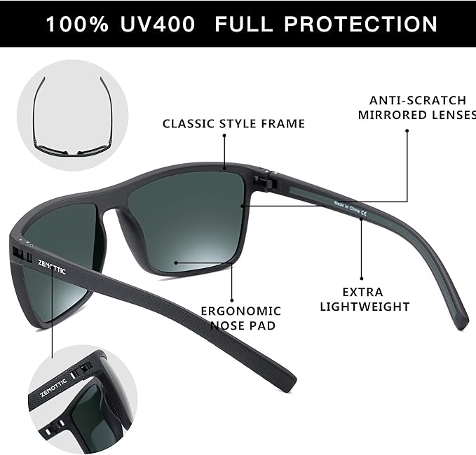 ZENOTTIC Polarized Sunglasses for Men Lightweight TR90 Frame UV400 Protection Square Sun Glasses