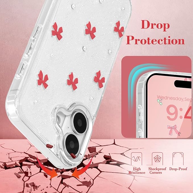 EYZUTAK Case for iPhone 17, Bling Glitter 3D Bowknot Phone Case Cute Sparkly Crystal Clear Bow Aesthetic Design Cover Slim Soft Durable TPU Transparent Protective Cover for Women Girl - Red Bow