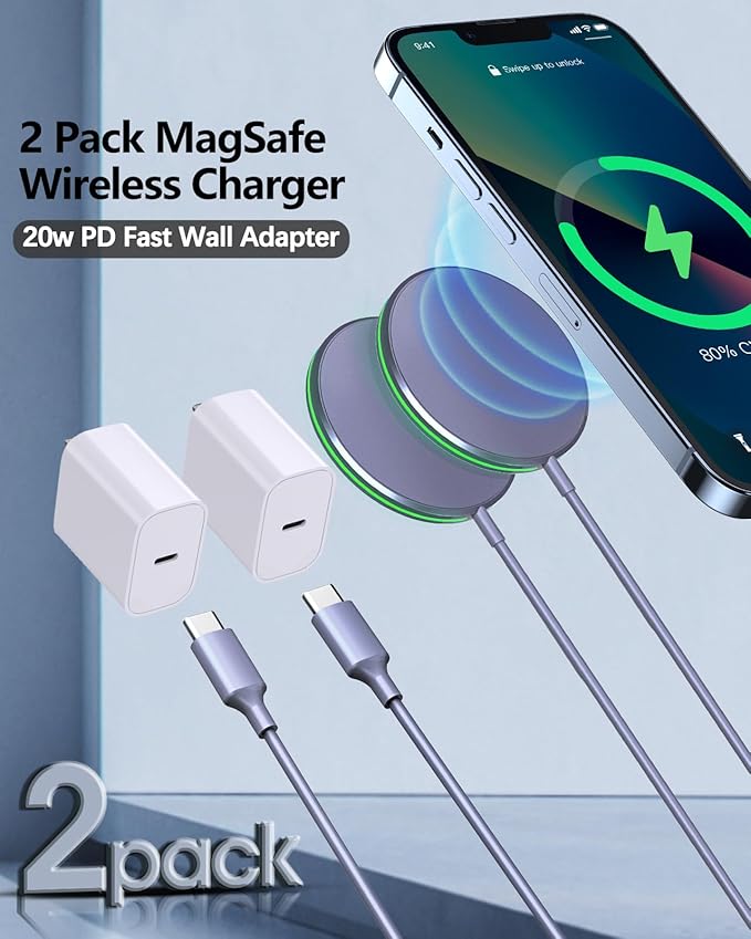 2 Pack Magnetic Wireless Charger 15W Apple Mag-Safe Charger with 20W Adapter for iPhone 15/14/13/12 Pro/Max/Plus/Mini and AirPods 3/2/Pro 2/Pro Mag Safe Wireless Charging Pad with 5ft Charging Cable