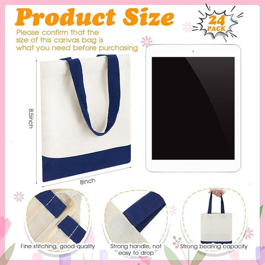 Amylove 24 Pcs Mini Tote Bag Sublimation Blank Canvas Tote Bags Reusable Grocery Luggage DIY Sack Goody for Party Even (8.5 x 8 Inch,White with Blue Handle)