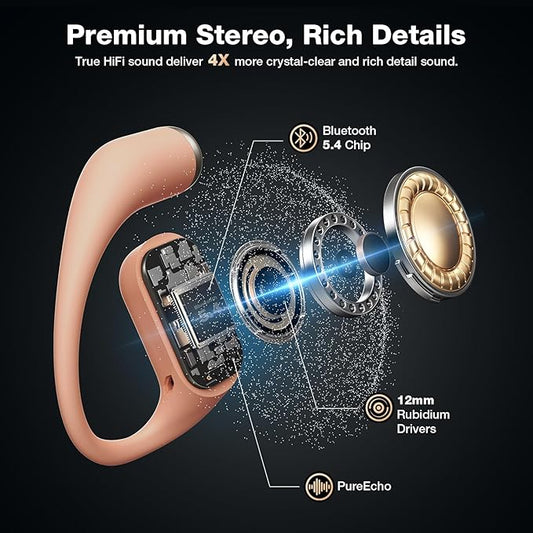 BlitzRock CT3 Pro Open Ear Headphones, Rich Balanced Sound, AI ENC 4 Mics Clear Calls,40H Playtime, IPX5 SweatSafe, Bluetooth 5.4 Wireless Earbuds with Earhooks, App Control