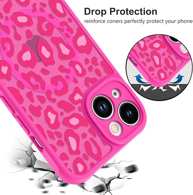KANGHAR Case for iPhone 14 Plus Hot Pink Leopard Printed Pattern Cute Cheetah [Compatible with Magsafe] Protective Magnetic Case for Girls Women 6.7"
