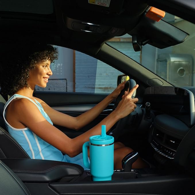 40 oz Tumbler with Handle and Straw: Stainless Steel Insulated Tumbler Keeps Cold for 24 Hours, Leakproof Travel Cup Fits in Cup Holder and BPA-Free, Aquamarine Blue