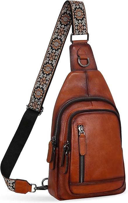 HESHE Leather Sling Bag for Women Crossbody Bags with Multi-Pocket Stylish Fanny Packs for Travel Chest Bag