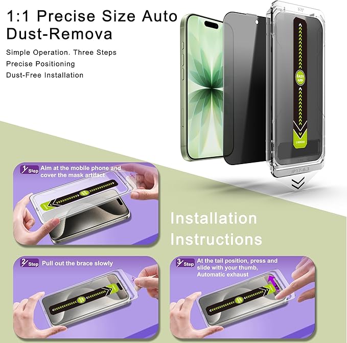2 Pack Anti-Spy Privacy Screen Protector for iPhone 17/16 Pro (6.3-Inch),9H Tempered Glass,Full Coverage,Anti-Fingerprint,Auto Dust Removal,Bubble-Free,Easy Installation