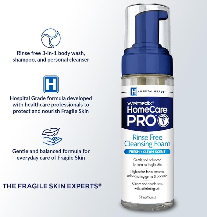 HomeCare PRO No Rinse Body Wash Cleansing Foam, Easier Cleansing for Caregivers Managing Incontinence, Pressure ulcers, bedsores + use with Adult Wipes, Disposable washcloth (5oz)