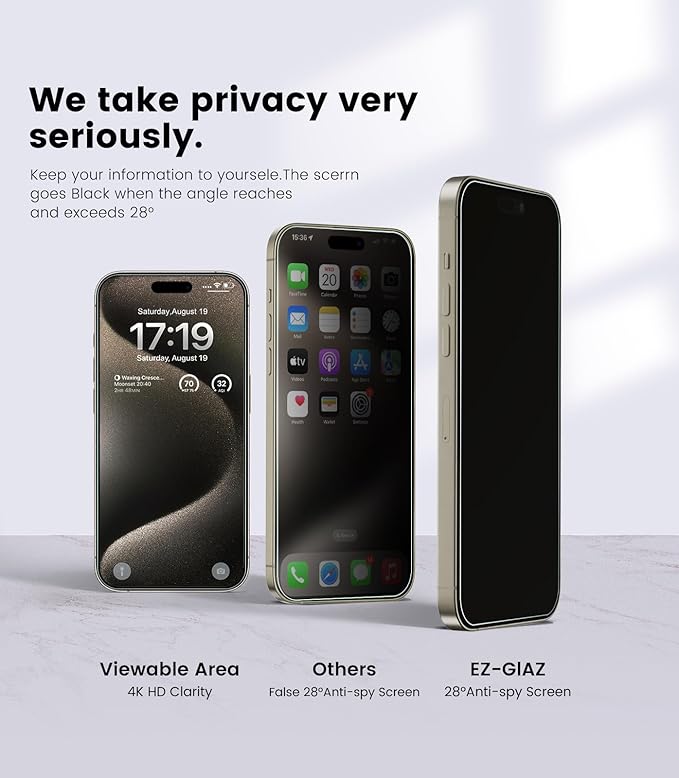 EZ-GLAZ-4 Pack iPhone 15 Pro Privacy Screen Protector(6.1'') With [2 Pcs Camera Lens Protector], Anti-Spy, 9H Hardness, Drop-Resistant, Case Friendly, Anti-Scratch & EZ-To-Install Tempered Glass