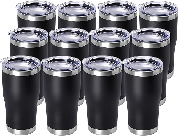 DOMICARE 20oz Tumbler with Lid Stainless Steel Tumblers Bulk, Double Wall Vacuum Insulated Coffee Travel Mug Powder Coated Tumbler, 12 Pack Black