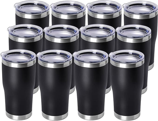 DOMICARE 20oz Tumbler with Lid Stainless Steel Tumblers Bulk, Double Wall Vacuum Insulated Coffee Travel Mug Powder Coated Tumbler, 12 Pack Black