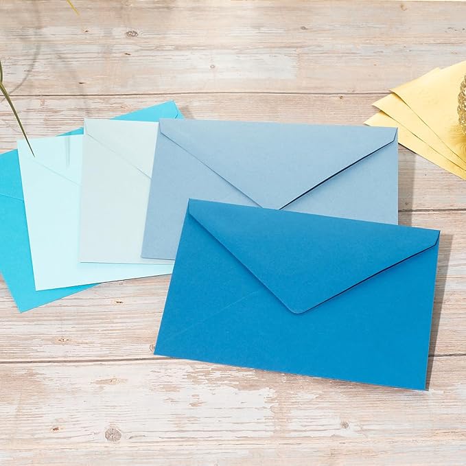 Wishop 25 Pieces A7 Colored Envelopes with Cards and Stickers Set 5 Colors for Weddings, Invitations, Birthday, Baby Shower, 5x7 inches (Blue 5Colors)