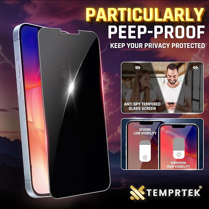 TEMPRTEK+ 2 Pack for iPhone 16 Pro Max Privacy Screen Protector Glass -16 Pro Max Screen Protector Privacy 9H Military Grade Scratch Fingerprint Resistance Anti-Glare Easy Installation Bubble Free