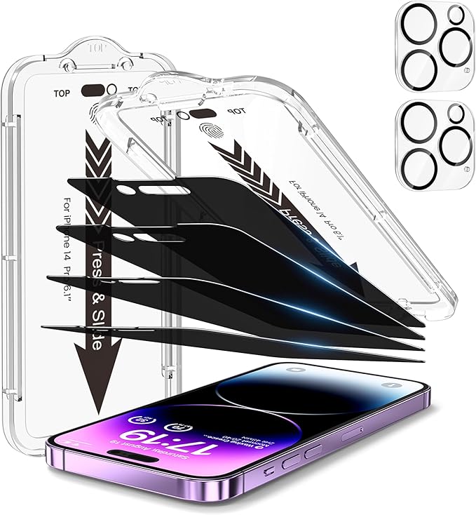 EZ-GLAZ-4+2 Pack for iPhone 14 Pro Privacy Screen Protector[6.1 inches] With Camera Lens Protector, [Drop Protection] 9H Hardness Full Coverage Anti-Spy Tempered Glass Film, Easy to install