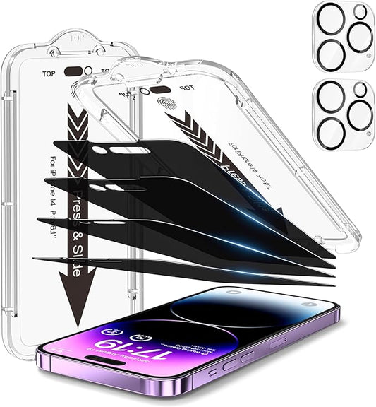 EZ-GLAZ-4+2 Pack for iPhone 14 Pro Privacy Screen Protector[6.1 inches] With Camera Lens Protector, [Drop Protection] 9H Hardness Full Coverage Anti-Spy Tempered Glass Film, Easy to install