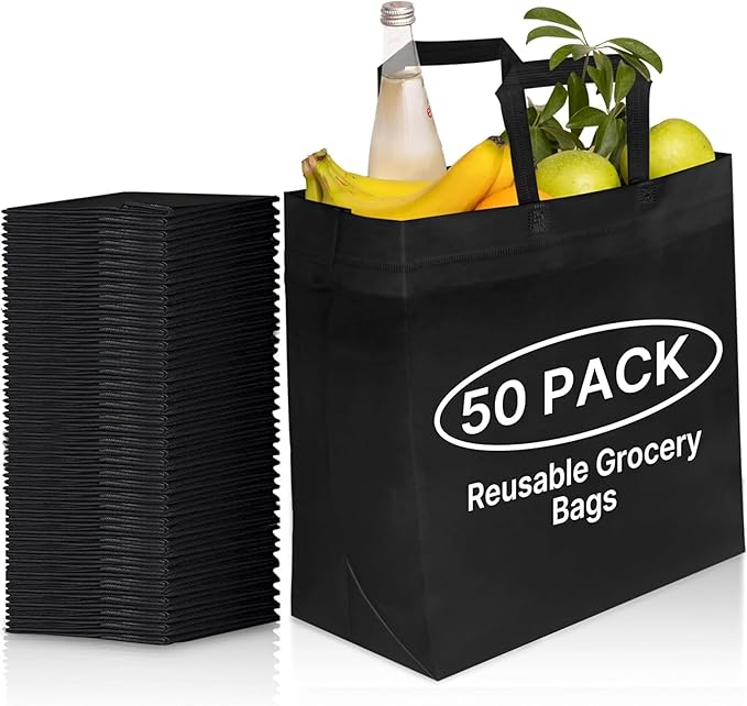 Simply Cool 50 Pack Black Reusable Eco-Friendly Large Grocery Shopping Bags 14.5"x14"x6.6" Durable Recyclable Washable Foldable Portable Tote Bags Bulk