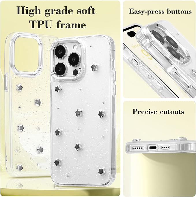 EYZUTAK Case for iPhone 13 Pro Max, Bling Glitter 3D Stars Phone Case Cute Sparkly Crystal Clear Star Aesthetic Design Case Slim Soft Durable TPU Transparent Protective Cover for Women Girls - Star