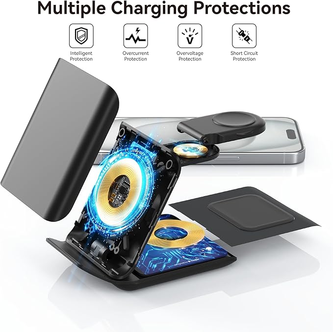Geyo Wireless Charger Stand, 3 in 1 Foldable Fast Charging Station for Apple Multiple Devices, Compatible with iPhone 17/16/15/14/13/Pro Max/Pro/Plus/Air, for AirPods Pro 3/2/3, Watch Ultra/9/8/7