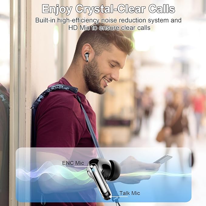 Wireless Earbuds Bluetooth 5.3 Headphones 48H Stereo Earphones in Ear with 4 ENC Mic Clear Calls, Noise Cancelling Ear Buds with LED Display Charging Case, IP7 Waterproof Sport Headset for Android iOS