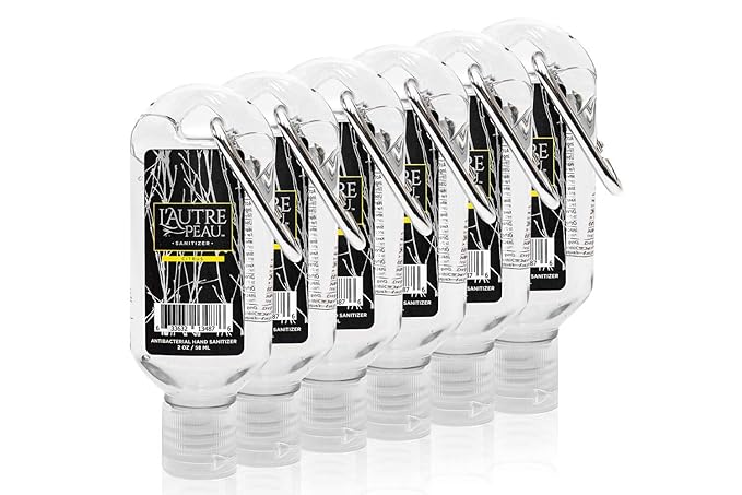 Travel Hand Sanitizer Gel with Aloe Vera & Vitamin E Made by L’AUTRE PEAU - Citrus Scented Alcohol Based Liquid Instant Hand Cleaner Pocket Sanitizer with Carabiner Clip (2oz 6 Pack)