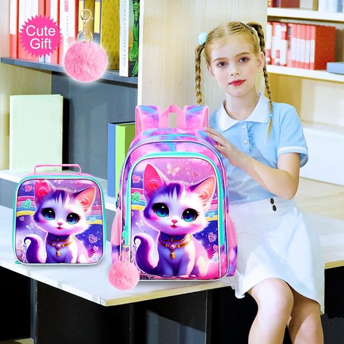 3Pcs Cat Backpack for School, 16" Girls Bookbag with Lunch Box, Kids Backpacks Set for Elementary Preschool Kindergarten(Pink)