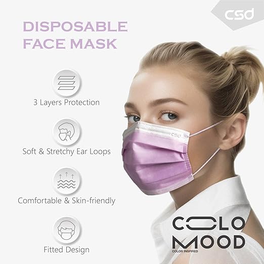CSD Colo 30 Pcs Purple Disposable Face Masks, 3 Ply Adult Mask with Elastic Ear Loop, Nose Bridge Clip, Breathable Comfortable Mask Great for Indoor, Outdoors Use (Lavender Purple)