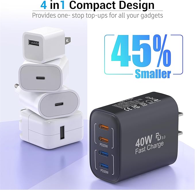 40W USB C Charging Block, 4 USB C Ports, Type C Wall Plug Fast Charger Cube, Power Adapter Box for iPhone 16, 15, 14, 13, 12, 11, Galaxy Phones, Watch, Tablet, Smartphones (Black 2Pack)