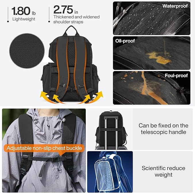 mixi Travel Backpack for Women Men, 18 Inch Carry On Laptop Backpack Flight Approved fits 16'' Laptop, Lightweight Waterproof Hiking Backpack Travel Outdoor Business Casual Daypack, Black