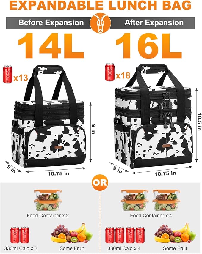 Lunch Box for Men Women Double Deck Insulated Lunch Bag for Men Woman Leakproof Expandable Cooler Bag with Adjustable Shoulder Strap for Work Picnic School(Cow Print,16L)