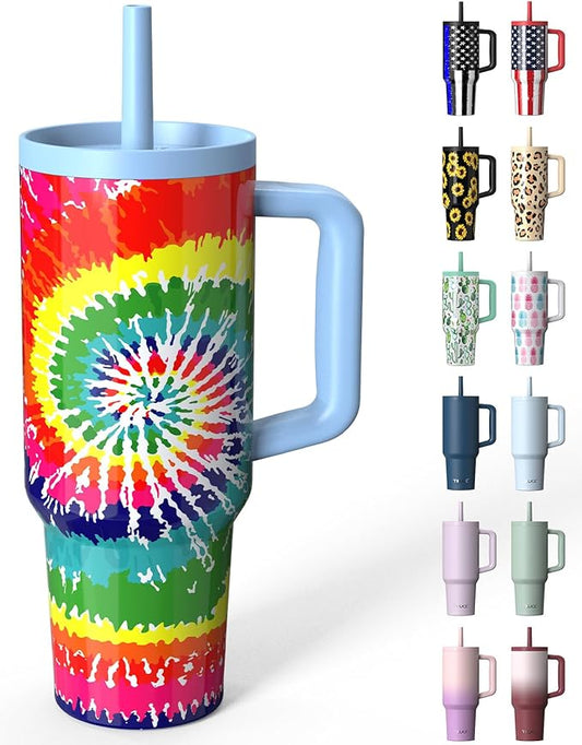 TILUCK 40 oz Tumbler with Handle, Vacuum Insulated Stainless Steel Travel Mug with 100% Leak-Proof Silicone Straw Lid, Cupholder Friendly Water Bottle(RotatingRainbow, 40oz)