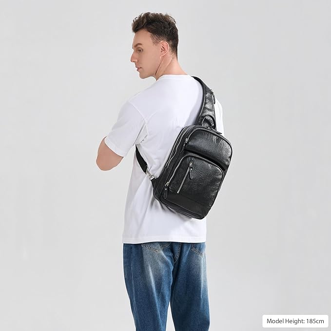 LANNSYNE Full Grain Leather Sling Bag For Men, Crossbody Bag fits 12.9" iPad Crossbody Chest Daypack