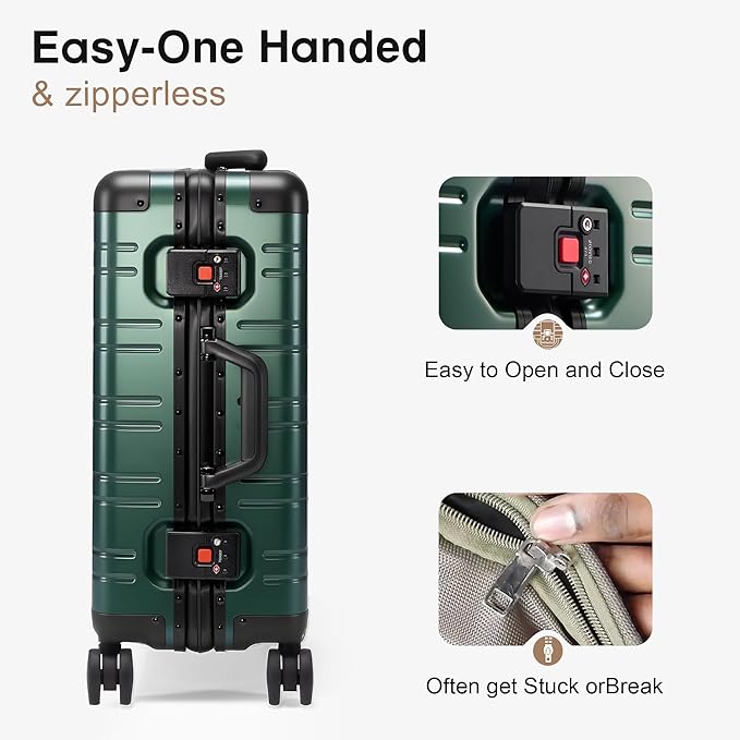All Aluminum Carry On Luggage 22x14x9 Airline Approved，Zipperless Luggage Premium Aluminum Suitcase Luggage, Hard Shell Carry On Luggage with Spinner Wheels (dark green, 20inch)