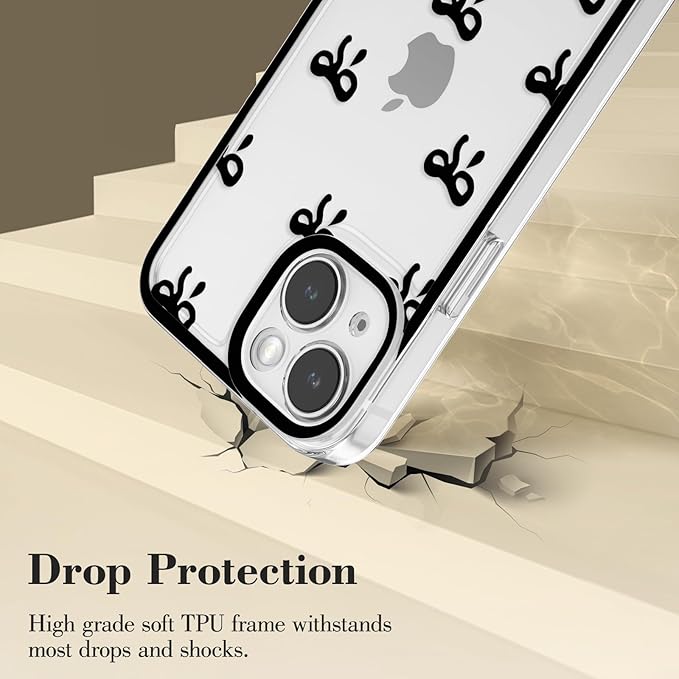 EYZUTAK Case for iPhone 15, Clear Cute Ribbon Bowknot Pattern Aesthetic Transparent Phone Case Raised Camera Protection Stylish Slim Soft Durable TPU Protective Cover for Women Girls - Black