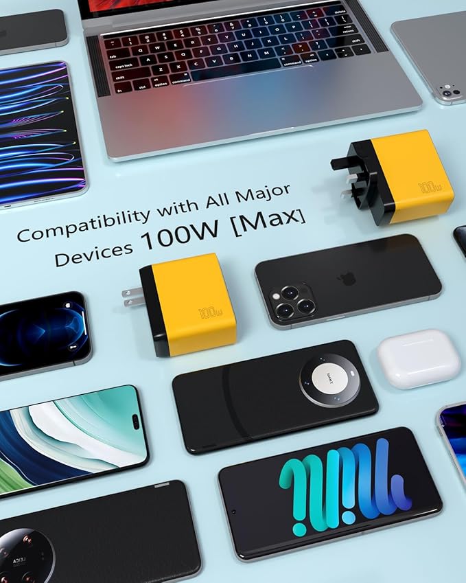 100W USB-C MacBook Pro Charger - 4-Port GaN Laptop Charger Compatible With MacBook M3/Air, ThinkPad, Dell XPS, iPad Pro, iPhone 15, Galaxy S24