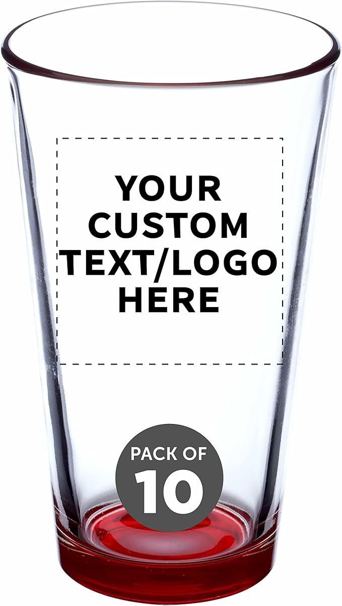 Custom Libbey Pint Glass 16 oz. Set of 10, Personalized Bulk Pack - Beer Glasses, Heavy Duty Drinkware - Red