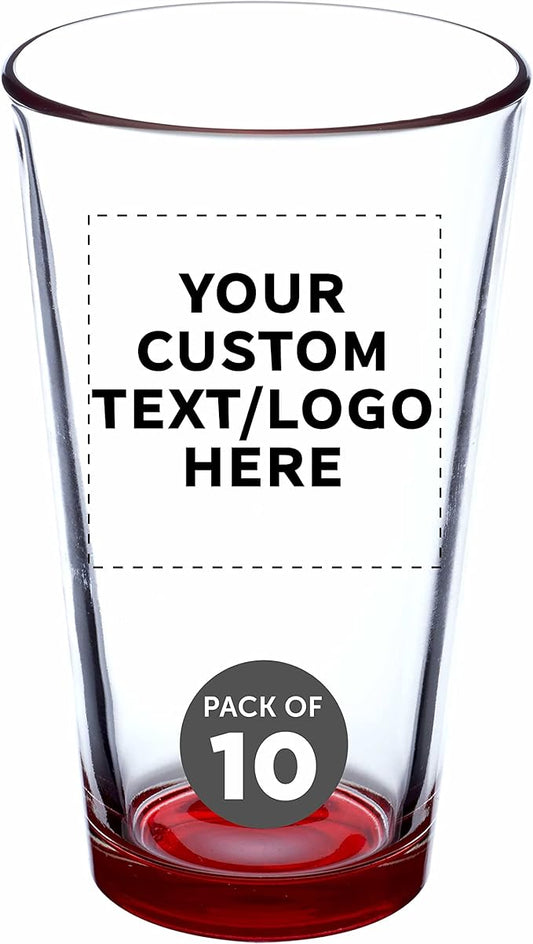 Custom Libbey Pint Glass 16 oz. Set of 10, Personalized Bulk Pack - Beer Glasses, Heavy Duty Drinkware - Red