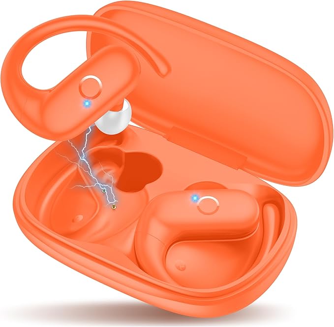 MOZOTER Wireless Earbuds Bluetooth Headphones Sport,Over Ear Buds with Deep Bass Sound,60Hrs Playtime Earphones Redesigned Comfort Fit with Earhooks for Running,Meeting,Workout- Orange