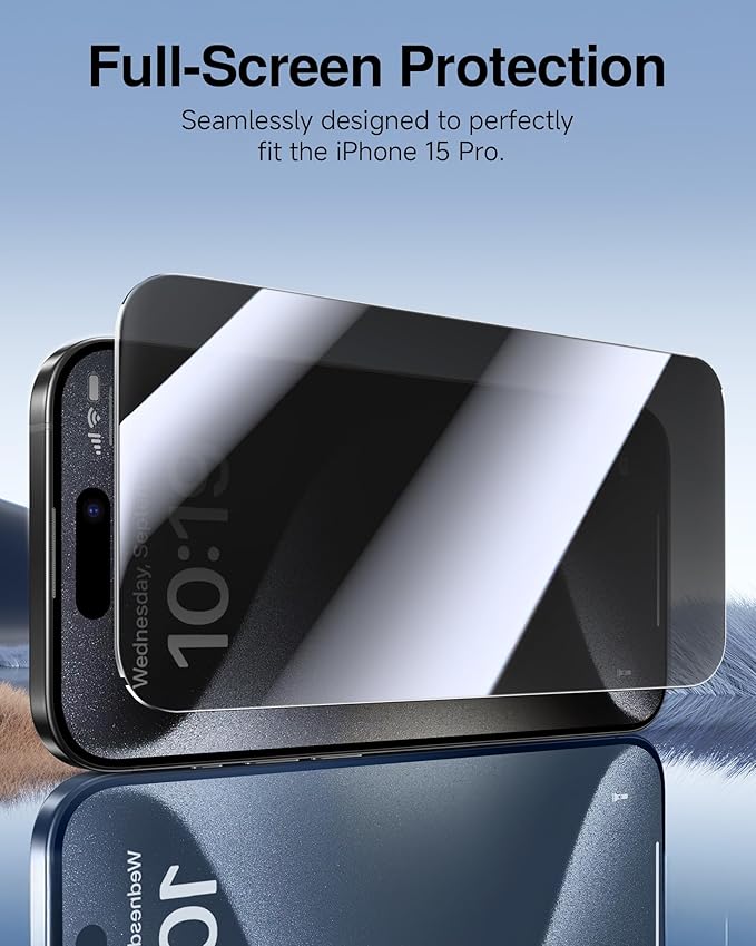 SMARTDEVIL 2 Pack for iPhone 15 Pro Privacy Screen Protector, Military Grade Shatterproof, 9H Hardness, Anti-Spy Tempered Glass, Fast & Easy Installation, Case Friendly