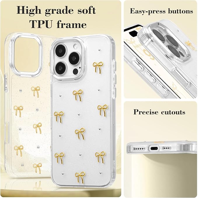 EYZUTAK Case for iPhone 17 Pro, Bling Glitter 3D Bowknot Phone Case Cute Sparkly Crystal Clear Bow Aesthetic Design Cover Slim Soft Durable TPU Transparent Protective Cover for Women Girls - Gold Bow