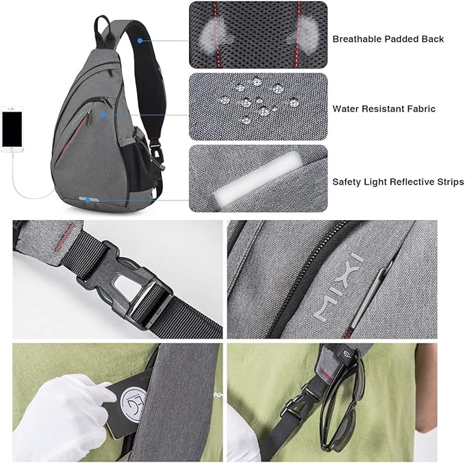 mixi Sling Bag Men Backpack Unisex One Shoulder Bag Hiking Travel Backpack Crossbody with USB Port for Men Women Versatile Casual Daypack-19 inch,Gery