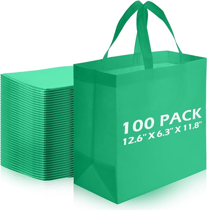 Reginary Reusable Totes Bags - 100 Pcs Non Woven Grocery Handle Bags for Shop Events & Retail Store(Green)