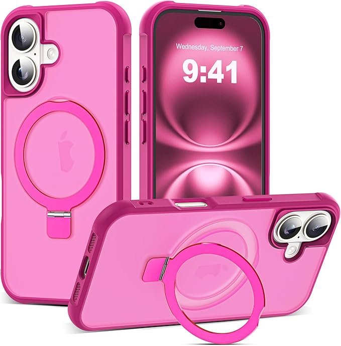 Compatible with iPhone 16 Case with Invisible Magnetic O-Ring Stand Military-Grade Translucent Case for iPhone 16 6.1" [Compatible with Mag-Safe][Great Grip Feeling], Rose