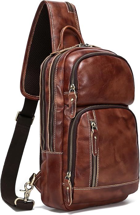 LANNSYNE Full Grain Leather Sling Bag For Men Crossbody Chest Daypack fits 10.5" iPad