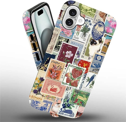 Case for iPhone 16 Plus,Vintage Stamp Collage for Woman Men Full Body Protective Cover Shockproof 2 in 1 Silicone + Hard PC Case for iPhone 16 Plus