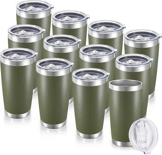 20 oz Tumblers Bulk Stainless Steel Tumbler with Lid Double Wall Vacuum Insulated Coffee Mug 20oz Powder Coated Cup for Hot and Cold Drinks, Army Green, 12 pack