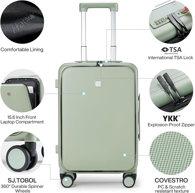 Hanke Grace Hard Shell Suitcases with Wheels,20 Inch Carry On Luggage Airline Approved with Aluminum Frame, Travel suitcase with Front Pocket Travel Luggage for Short Business Trips, Bamboo Green.
