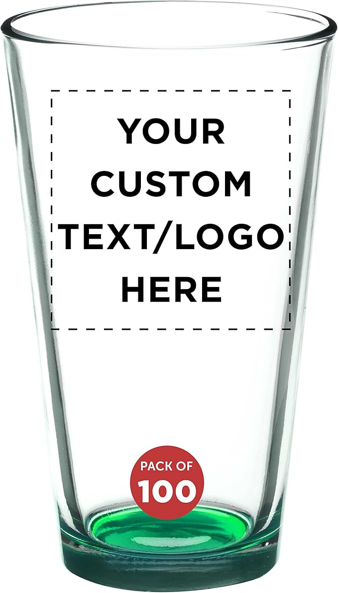 Custom Arc Pint Glass 16 oz. Set of 100, Personalized Bulk Pack - Beer Glasses, Heavy Duty Drinkware - Green